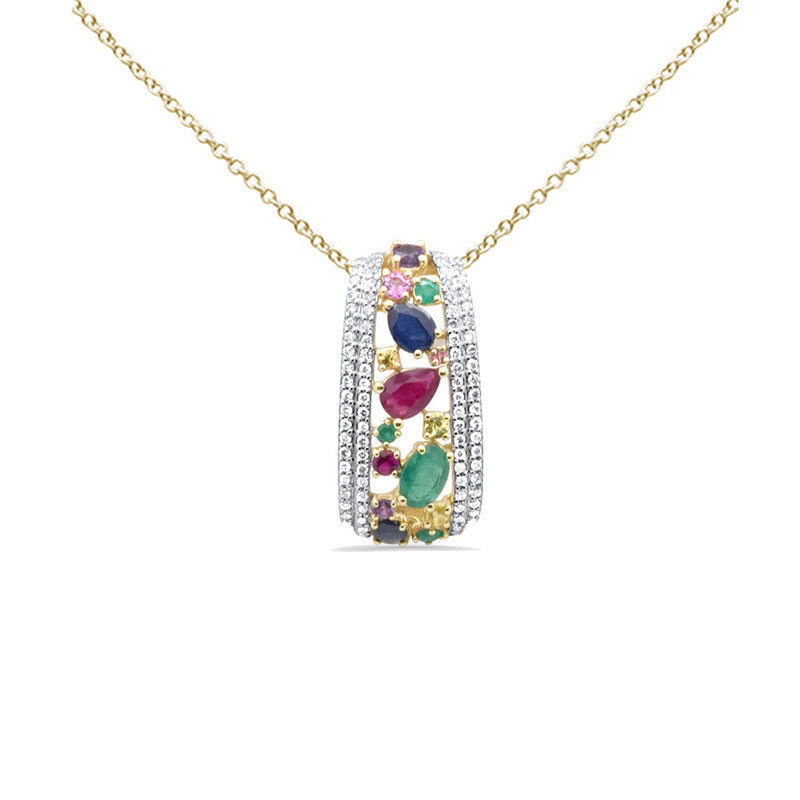 GEMSTONE CLOSEOUT! 2.53ct G SI 14K Yellow Gold Diamond & Multi Color Gemstones Pendant Necklace 18" Long