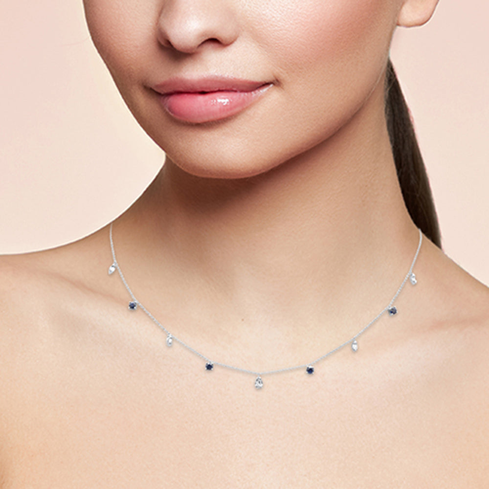 SPECIAL!1.26ct G SI 14K White Gold Diamond & Blue Sapphire Gemstone Pendant Necklace 16+2" Long