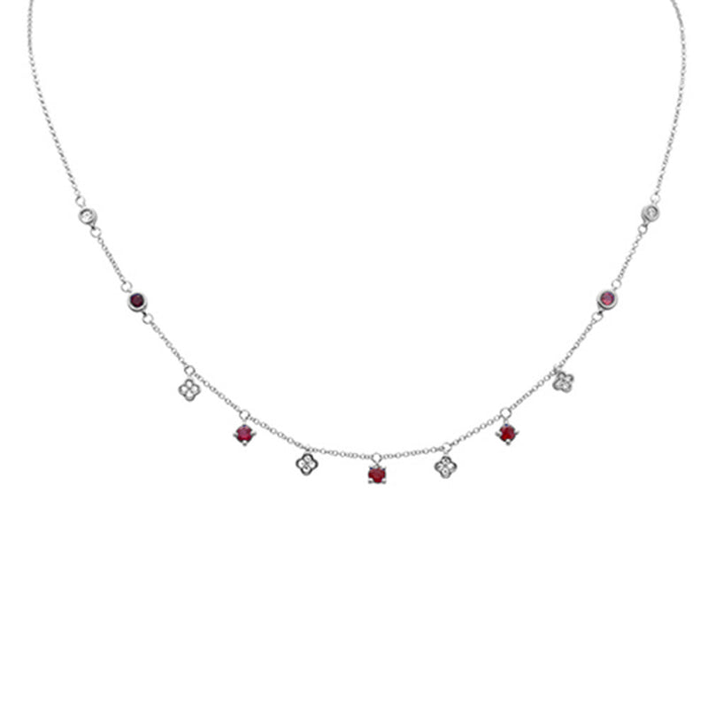 SPECIAL! .83ct G SI 14K White Gold Diamond & Ruby Gemstone Dangling Pendant Necklace 16" +2" EXT