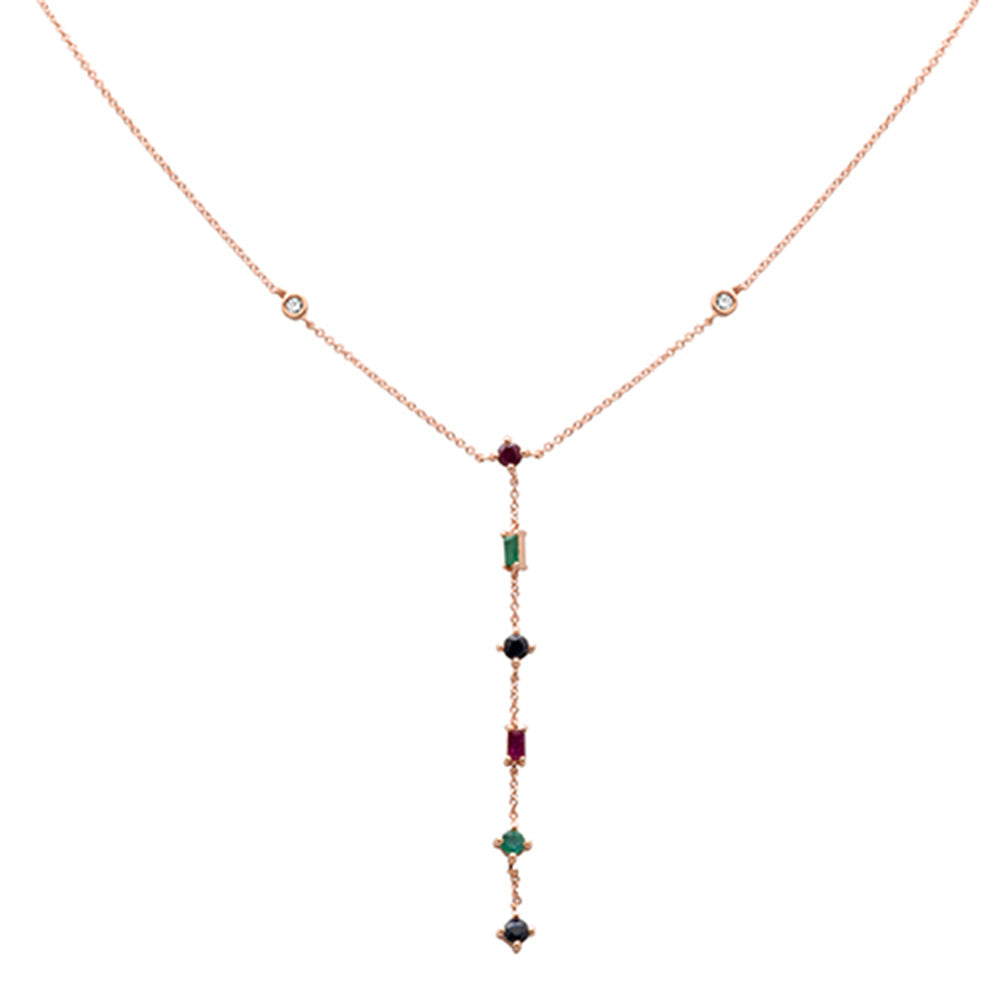 GEMSTONE CLOSEOUT!   .80ct G SI 14K Rose Gold Diamond & Multi Color Gemstone Drop Lariat Necklace 16+2" Ext
