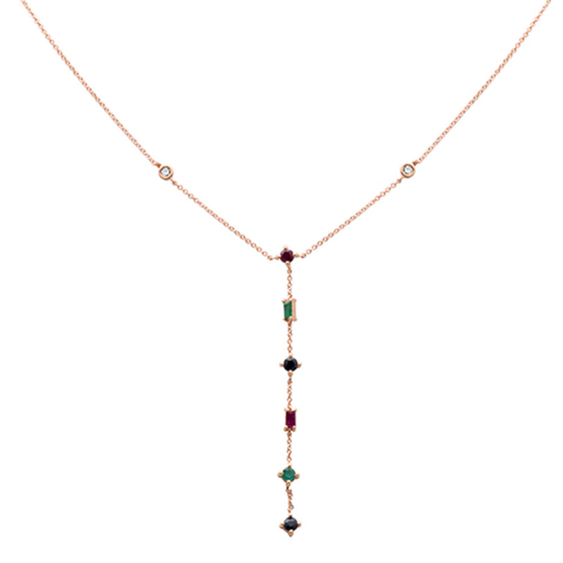 GEMSTONE CLOSEOUT!   .80ct G SI 14K Rose Gold Diamond & Multi Color Gemstone Drop Lariat Necklace 16+2" Ext
