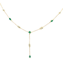 SPECIAL! .79ct G SI 14K Yellow Gold Diamond & Emerald Gemstone Drop Lariat Pendant Necklace 16" +2" EXT
