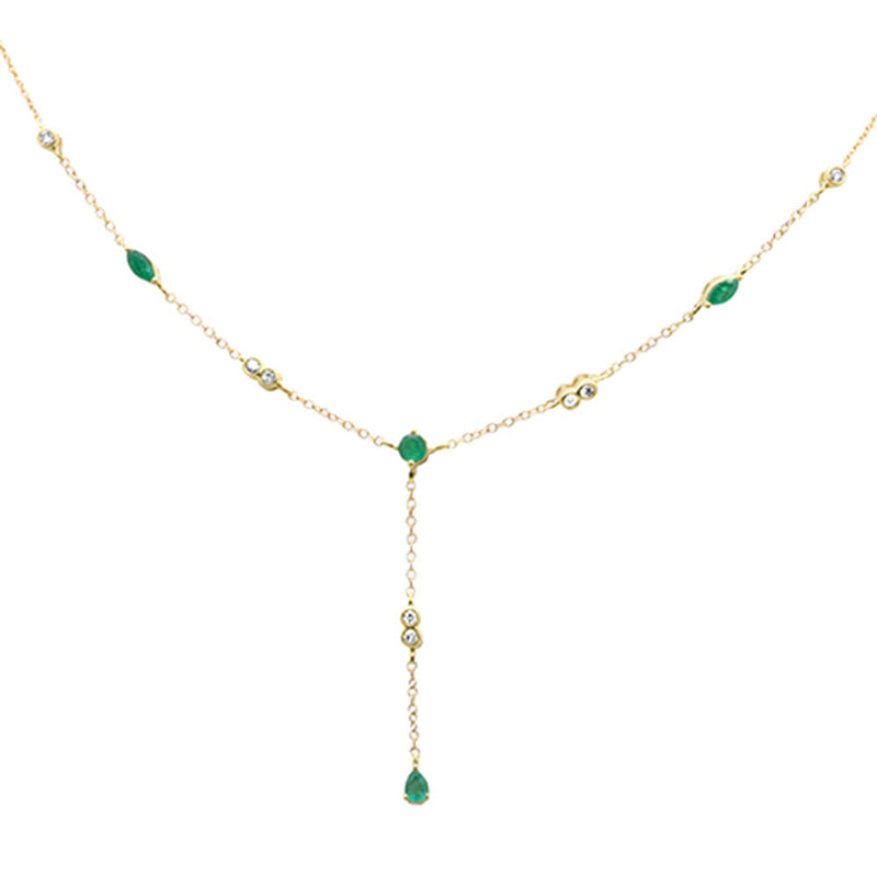 SPECIAL! .79ct G SI 14K Yellow Gold Diamond & Emerald Gemstone Drop Lariat Pendant Necklace 16" +2" EXT