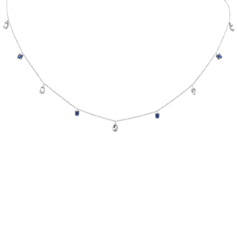 SPECIAL!1.18ct G SI 14K White Gold Diamond & Blue Sapphire Gemstone Pendant Necklace 16+2" Long