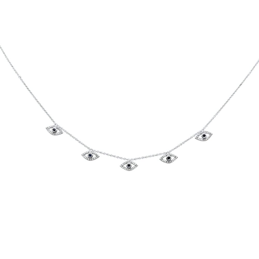 GEMSTONE CLOSEOUT! .33ct G SI 14K White Gold Diamond & Blue Sapphire Gemstone Evil Eye Pendant Necklace 16+2" Long