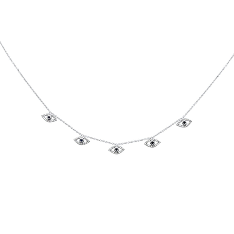GEMSTONE CLOSEOUT! .33ct G SI 14K White Gold Diamond & Blue Sapphire Gemstone Evil Eye Pendant Necklace 16+2" Long