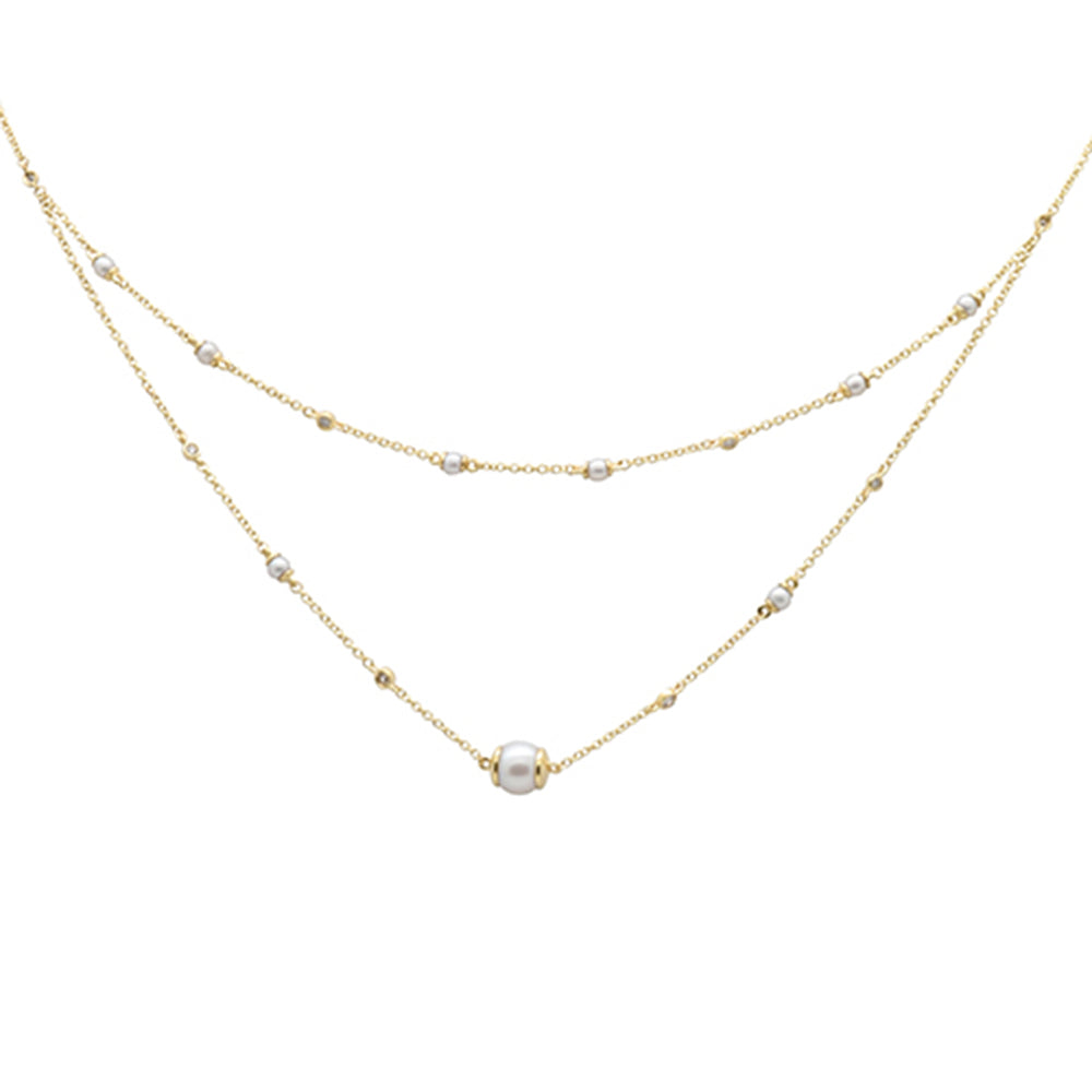 SPECIAL!.20ct G SI 14K Yellow Gold Diamond Double Chain Pearl Pendant Necklace 16+2" Long