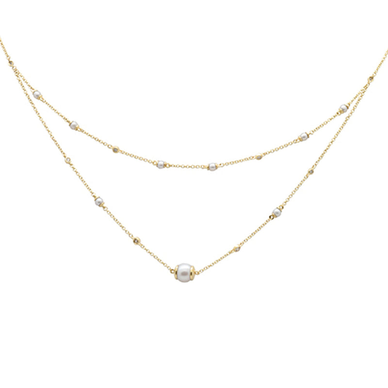 SPECIAL!.20ct G SI 14K Yellow Gold Diamond Double Chain Pearl Pendant Necklace 16+2" Long