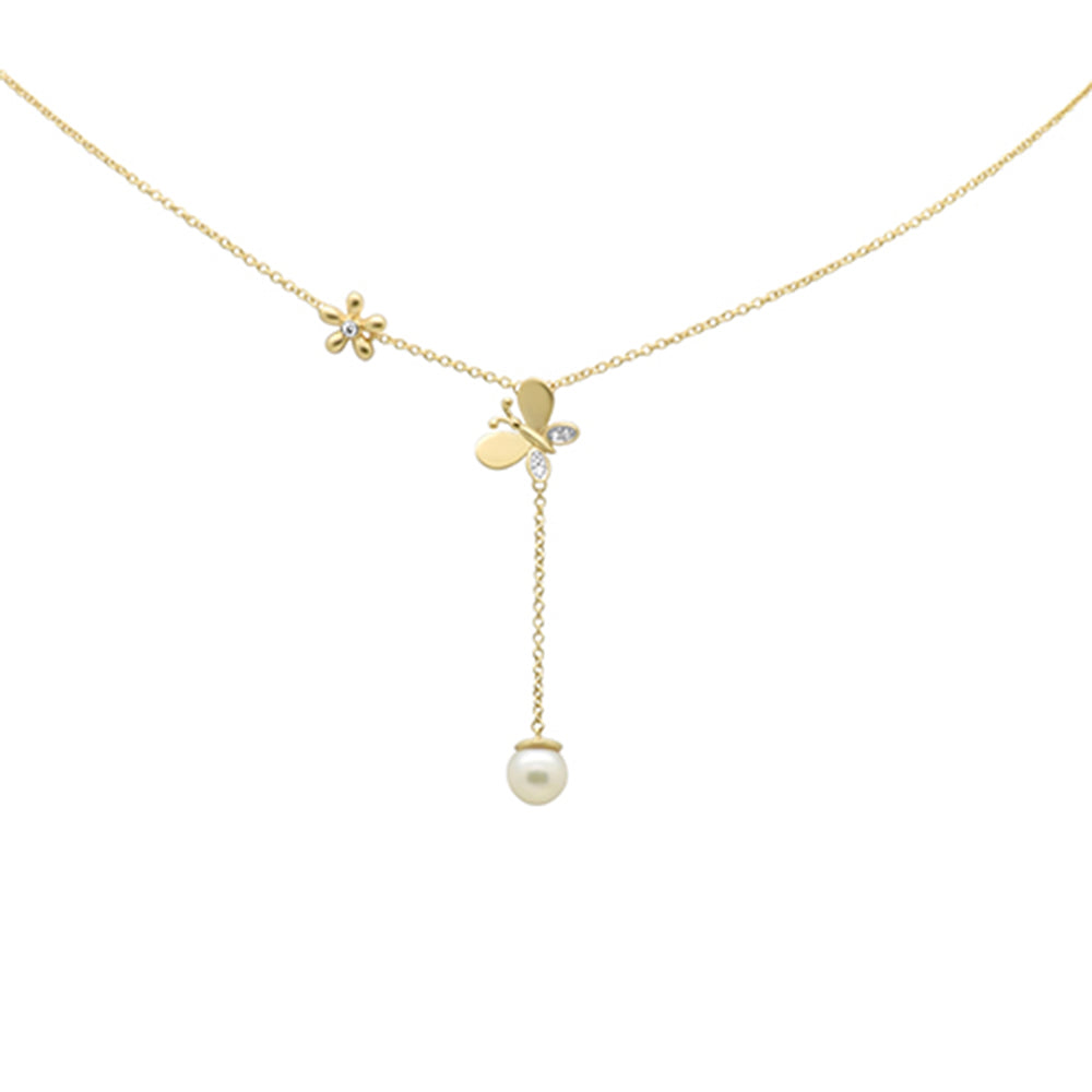 DIAMOND CLOSEOUT! .05ct G SI 14K Yellow Gold Diamond Butterfly Pearl Pendant Necklace 18" Long Chain