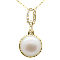SPECIAL!.10ct G SI 14K Yellow Gold Diamond Pearl Pendant Necklace 18" Long Chain