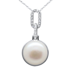 SPECIAL!.10ct G SI 14K White Gold Diamond Pearl Pendant Necklace 18" Long Chain