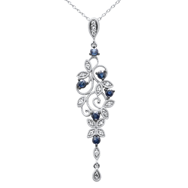 DIAMOND  CLOSEOUT! .48ct G SI 14K White Gold Diamond Blue Sapphire Gemstones Pendant Necklace 18" Long Chain