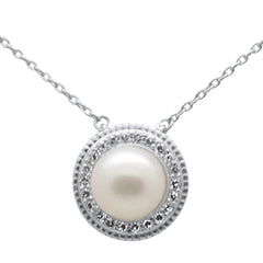SPECIAL! .11ct G SI 14K White Gold Diamond Pearl Pendant Necklace 18" Long Chain