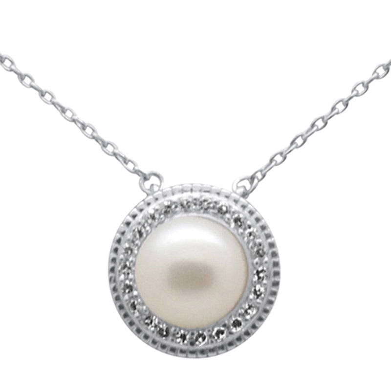 SPECIAL! .11ct G SI 14K White Gold Diamond Pearl Pendant Necklace 18" Long Chain