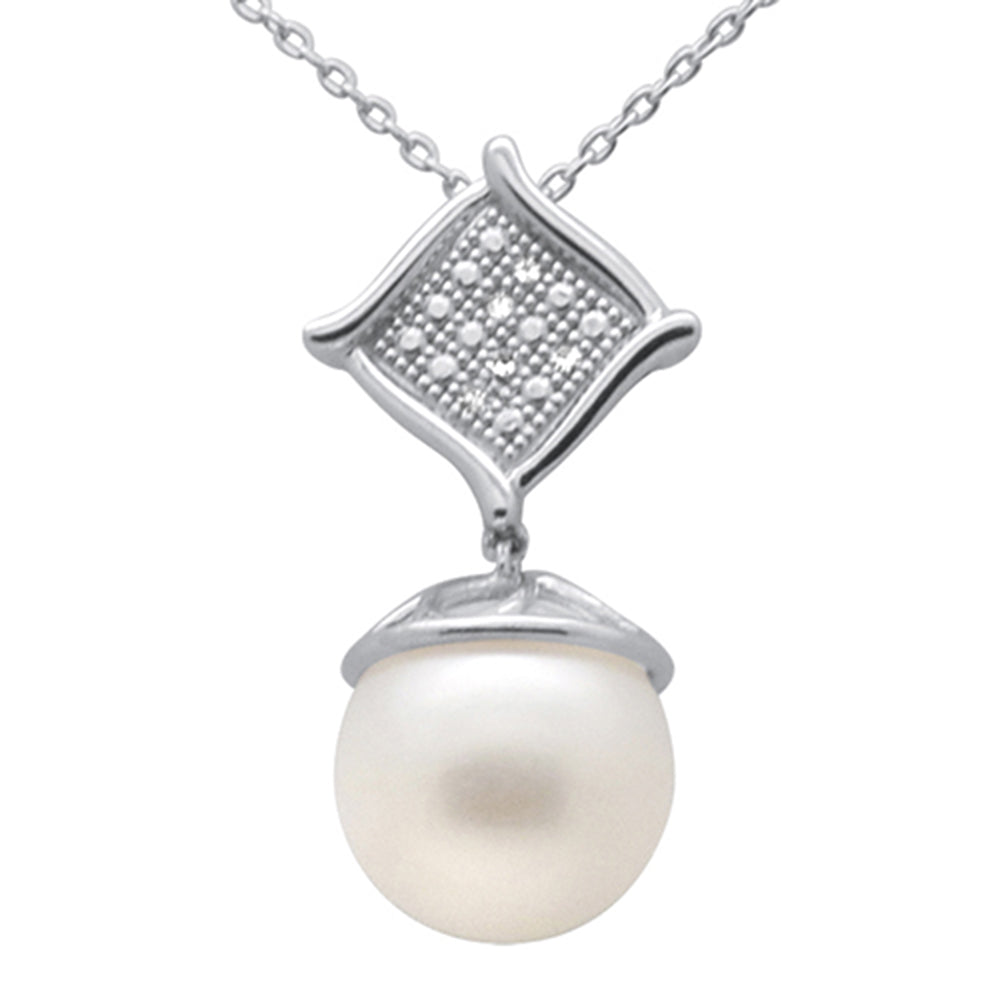 SPECIAL! .03ct G SI 14K White Gold Diamond Pearl Pendant Necklace 18" Long Chain