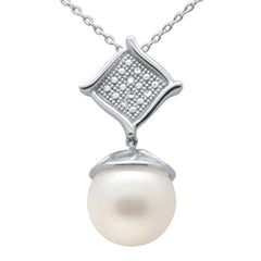 SPECIAL! .03ct G SI 14K White Gold Diamond Pearl Pendant Necklace 18" Long Chain