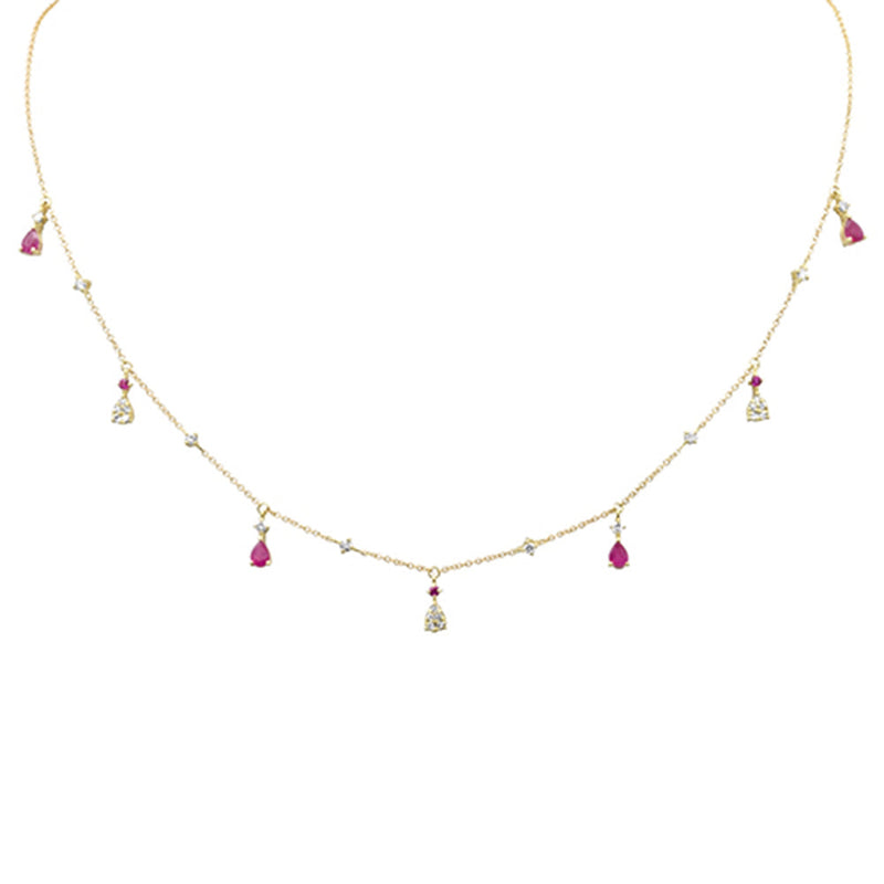 SPECIAL! .35ct G SI 14K Yellow Gold Diamond & Ruby Gemstone Dangling Pendant Necklace 16" +2" EXT