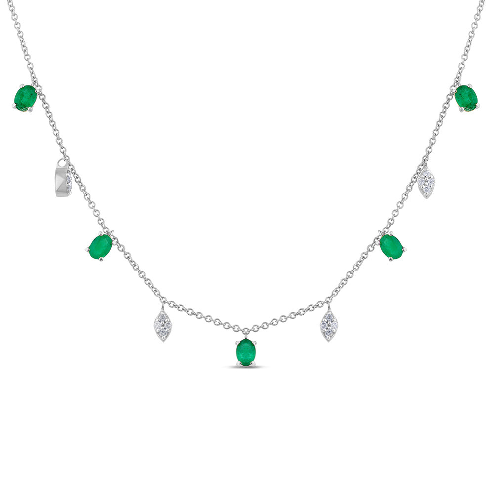 SPECIAL! .91ct G SI 14K White Gold Diamond & Emerald Gemstone Dangling Pendant Necklace 16" + 2" EXT