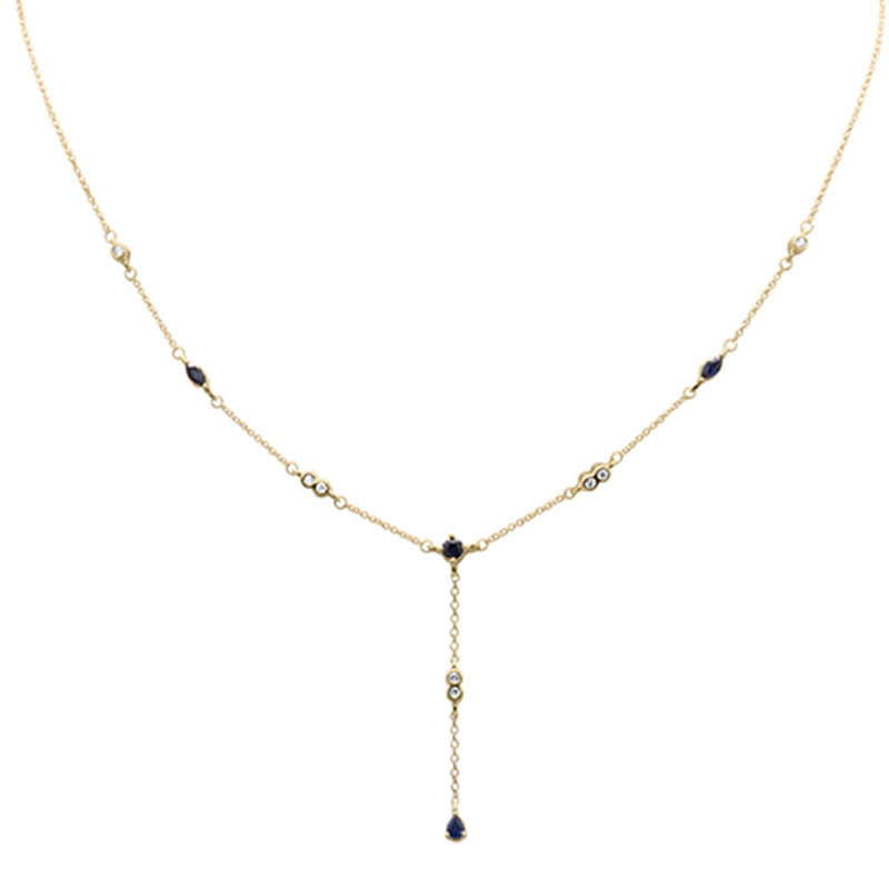 GEMSTONE CLOSEOUT!  .91ct G SI 14K Yellow Gold Diamond & Blue Sapphire Gemstone Drop Pendant Necklace 16" + 2" EXT