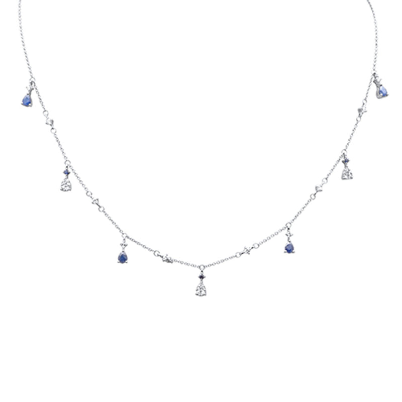 SPECIAL! 1.33ct G SI 14K White Gold Diamond & Blue Sapphire Gemstone Dangling Pendant Necklace 16" + 2" EXT