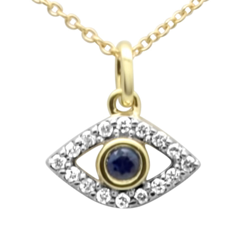 SPECIAL! .18ct G SI 14K Yellow Gold Diamond & Blue Sapphire Gemstones Evil Eye Pendant Necklace 16 + 2" Long