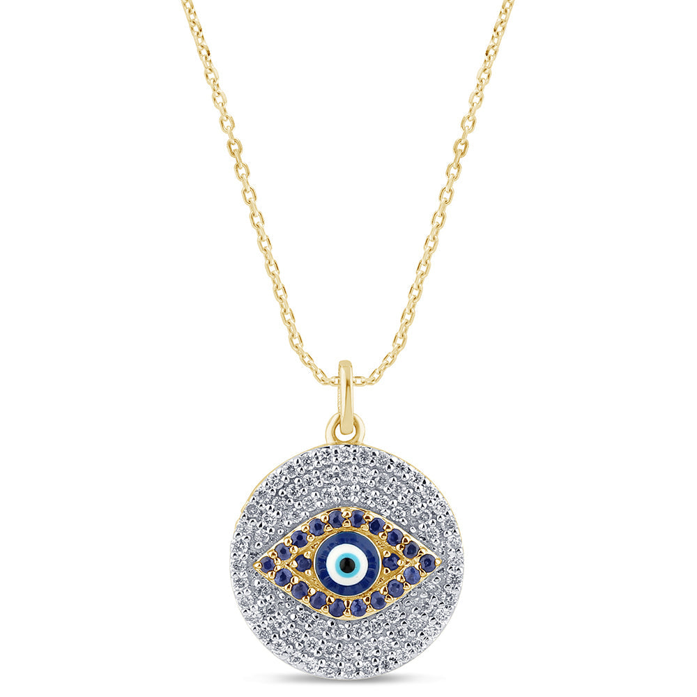 SPECIAL! .49ct G SI 14K Yellow Gold Diamond & Blue Sapphire Gemstones Round Evil Eye Pendant Necklace 18" Long