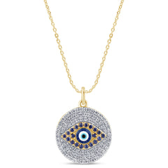 SPECIAL! .49ct G SI 14K Yellow Gold Diamond & Blue Sapphire Gemstones Round Evil Eye Pendant Necklace 18" Long