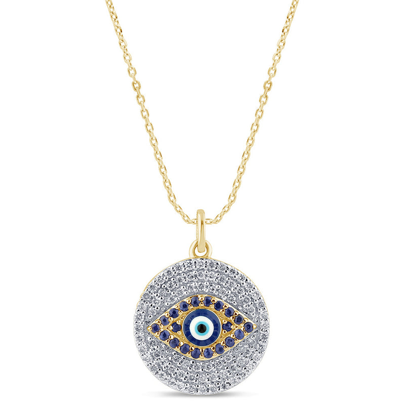 SPECIAL! .49ct G SI 14K Yellow Gold Diamond & Blue Sapphire Gemstones Round Evil Eye Pendant Necklace 18" Long