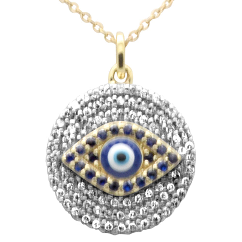 SPECIAL! .49ct G SI 14K Yellow Gold Diamond & Blue Sapphire Gemstones Round Evil Eye Pendant Necklace 18" Long