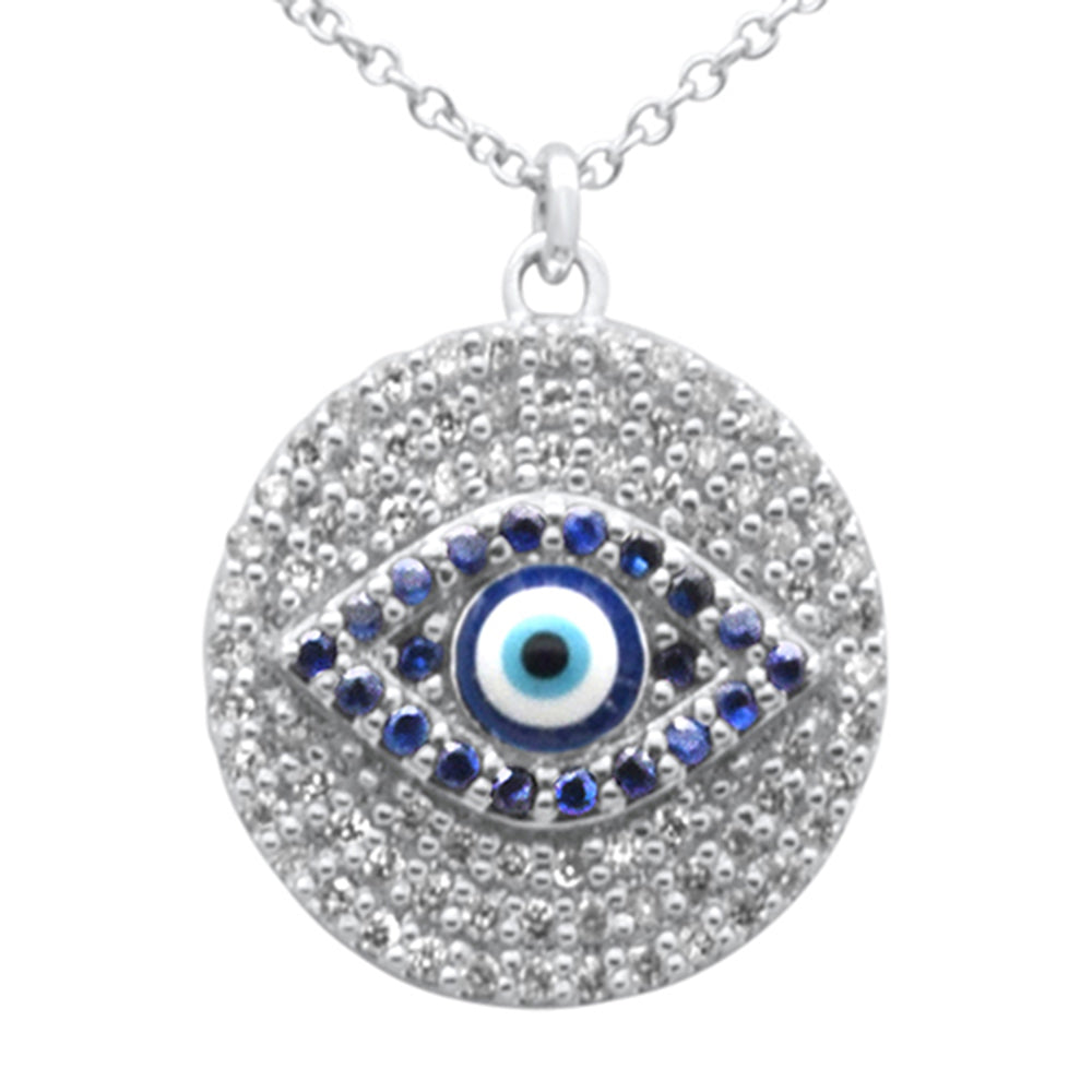 SPECIAL! .48ct G SI 14K White Gold Diamond & Blue Sapphire Gemstone Round Evil Eye Pendant Necklace 16" + 2" Ext.