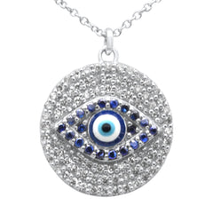SPECIAL! .48ct G SI 14K White Gold Diamond & Blue Sapphire Gemstone Round Evil Eye Pendant Necklace 16" + 2" Ext.