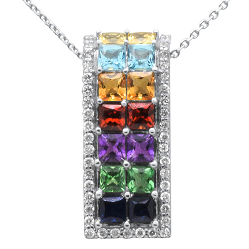 GEMSTONE CLOSEOUT!  2.88ct G SI 14K White Gold Diamond & Multi Color Gemstone Pendant Necklace 16" + 2" Ext.