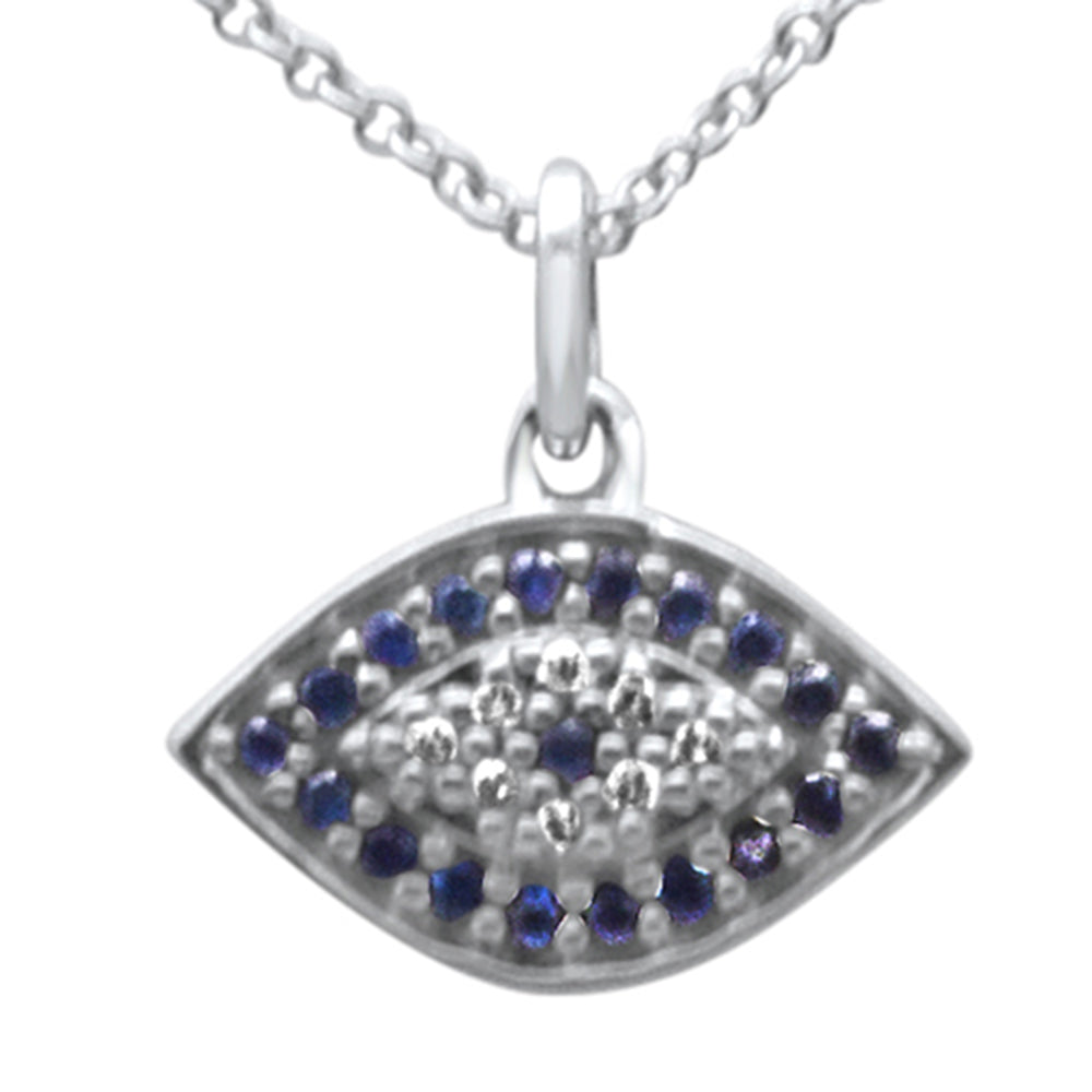 DIAMOND CLOSEOUT!  .20ct G SI 14K White Gold Diamond & Blue Sapphire Gemstone Evil Eye Pendant Necklace 16+2" Long
