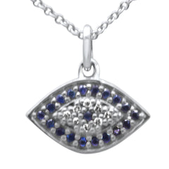 DIAMOND CLOSEOUT!  .20ct G SI 14K White Gold Diamond & Blue Sapphire Gemstone Evil Eye Pendant Necklace 16+2" Long
