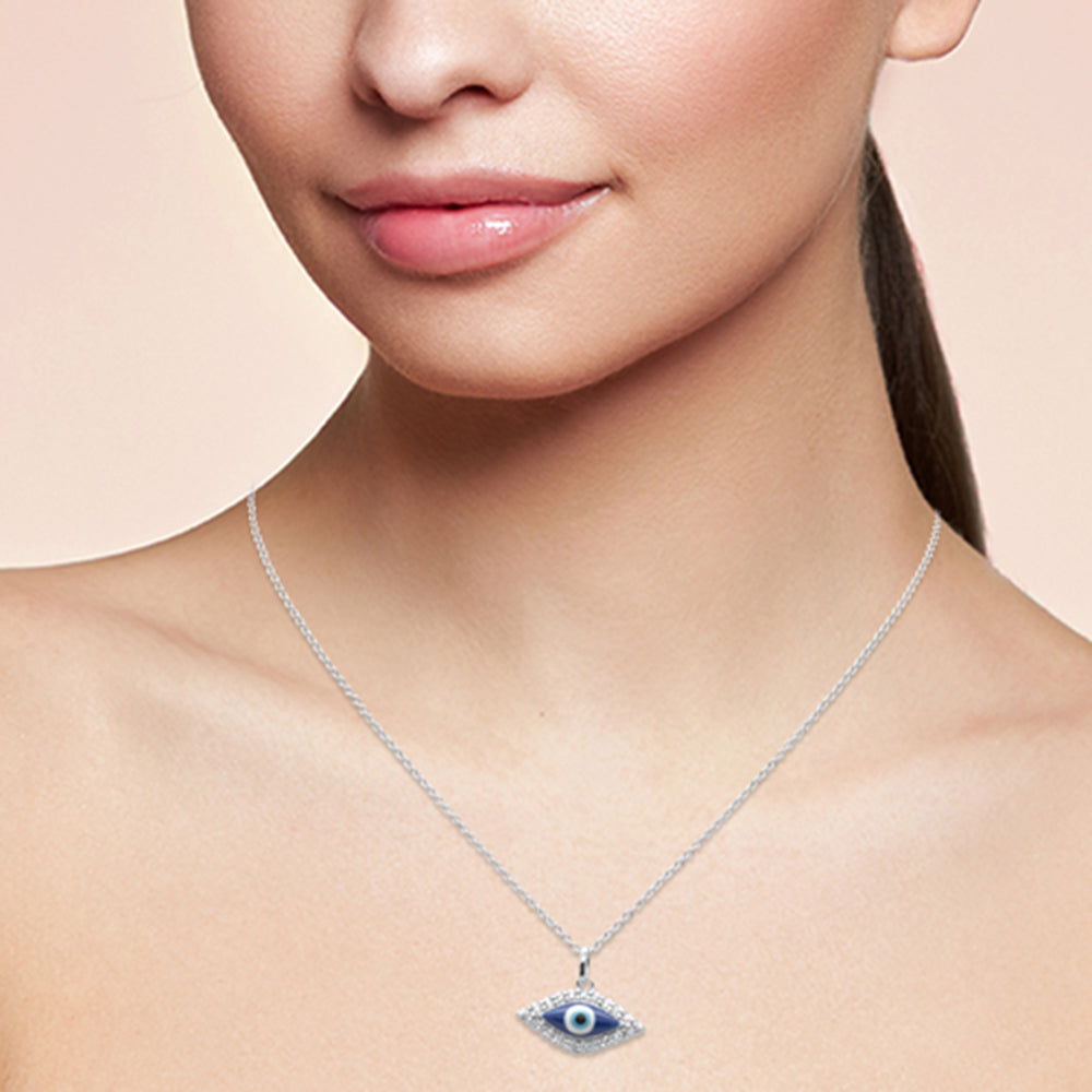 SPECIAL!.15ct G SI 14K White Gold Diamond Evil Eye Pendant Necklace 16" + 2" EXT