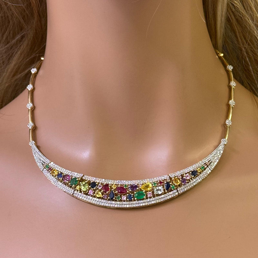 GEMSTONE CLOSEOUT!  9.53ct G SI 14K Yellow Gold Diamond & Multi Color Gemstones Pendant Collar Necklace 15" Long