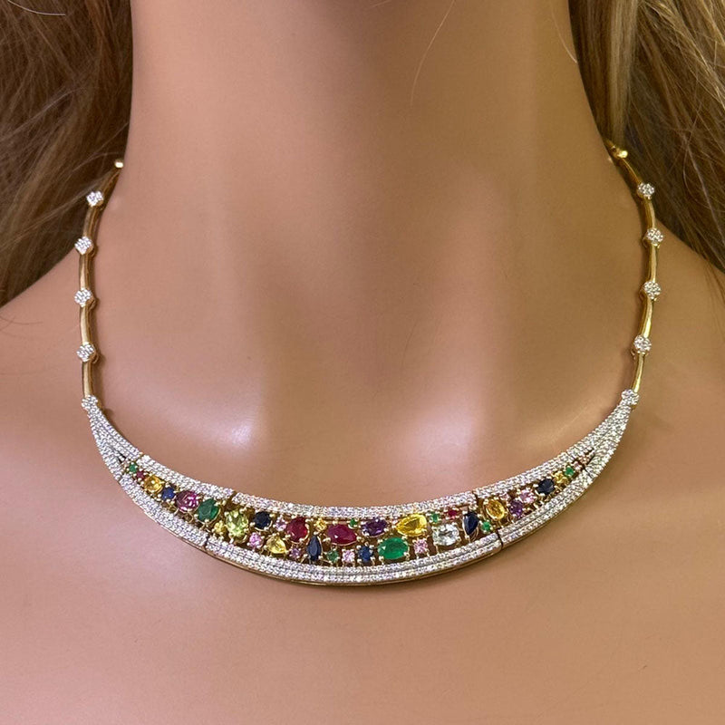 GEMSTONE CLOSEOUT!  9.53ct G SI 14K Yellow Gold Diamond & Multi Color Gemstones Pendant Collar Necklace 15" Long