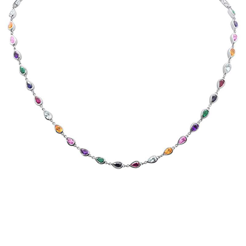 GEMSTONE CLOSEOUT!  6.99ct G SI 14K White Gold Bezel Set Multi Color Gemstones Pendant Necklace 16" Long