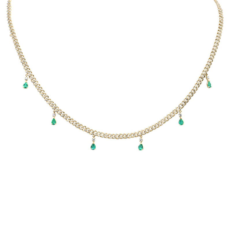 SPECIAL!  2.22ct G SI 14K Yellow Gold Diamond & Emerald Gemstone Dangling Cuban Necklace 12" + 4" EXT