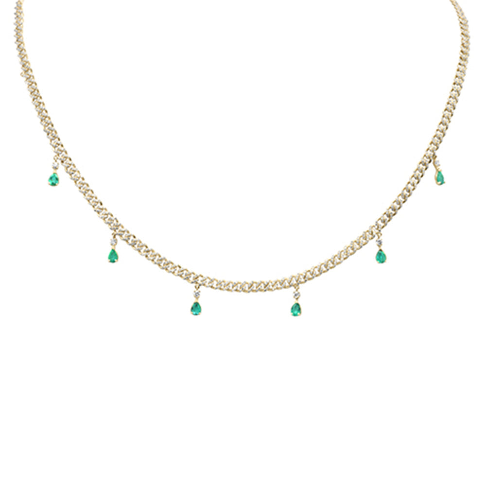 SPECIAL!  2.22ct G SI 14K Yellow Gold Diamond & Emerald Gemstone Dangling Cuban Necklace 14"+2" EXT
