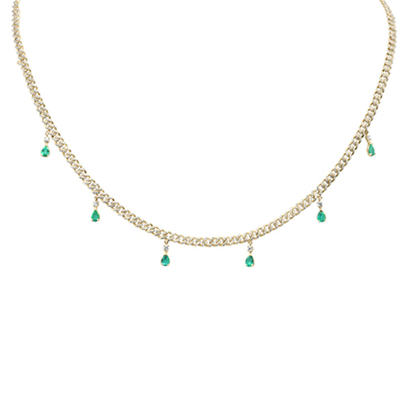 SPECIAL!  2.22ct G SI 14K Yellow Gold Diamond & Emerald Gemstone Dangling Cuban Necklace 14"+2" EXT