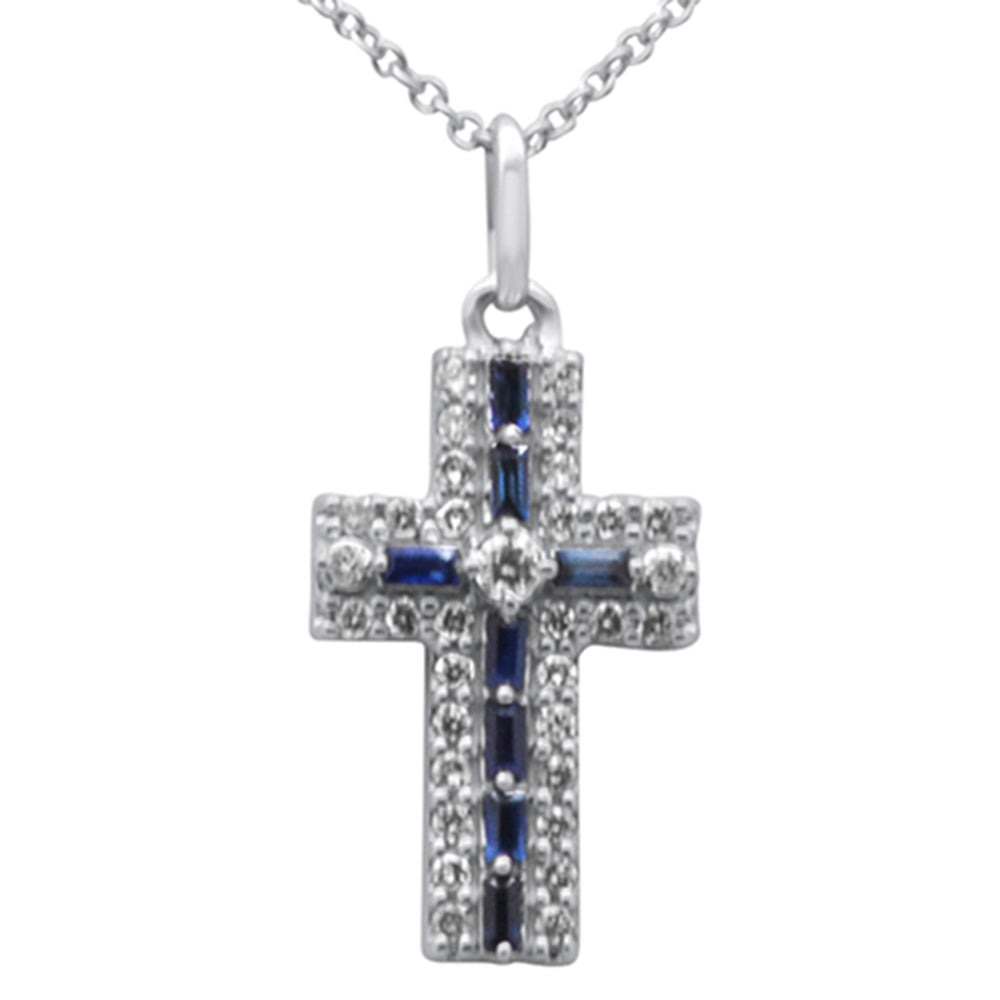 SPECIAL! .40ct G SI 14K White Gold Diamond & Blue Sapphire Gemstone Cross Pendant Necklace 16" + 2" Ext.