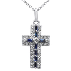SPECIAL! .40ct G SI 14K White Gold Diamond & Blue Sapphire Gemstone Cross Pendant Necklace 16" + 2" Ext.