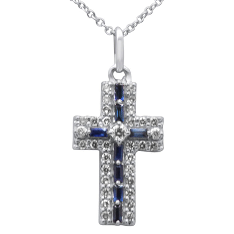 SPECIAL! .40ct G SI 14K White Gold Diamond & Blue Sapphire Gemstone Cross Pendant Necklace 16" + 2" Ext.