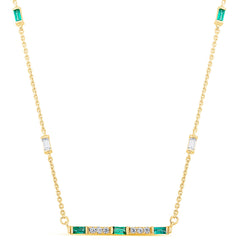 SPECIAL! .40ct G SI 14K Yellow Gold Diamond & Emerald Gemstone Bar Pendant Necklace 18" Long