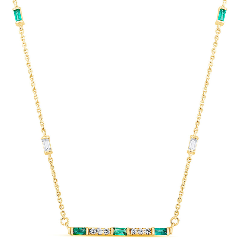 SPECIAL! .40ct G SI 14K Yellow Gold Diamond & Emerald Gemstone Bar Pendant Necklace 18" Long