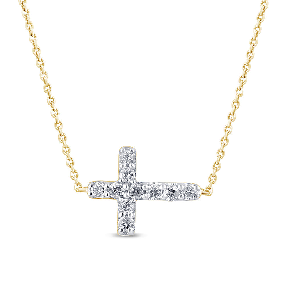 SPECIAL! .19ct G SI 14K Yellow Gold Diamond Sideways Cross Pendant Necklace 16" + 2" Ext.