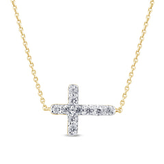 SPECIAL! .19ct G SI 14K Yellow Gold Diamond Sideways Cross Pendant Necklace 16" + 2" Ext.