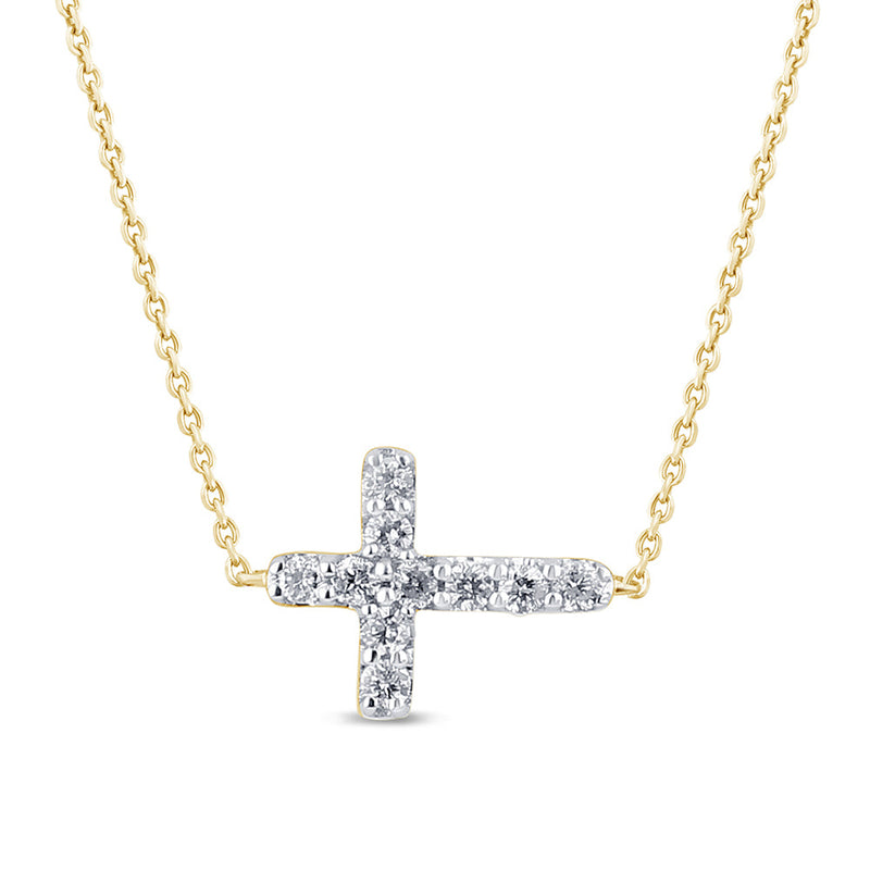 SPECIAL! .19ct G SI 14K Yellow Gold Diamond Sideways Cross Pendant Necklace 16" + 2" Ext.