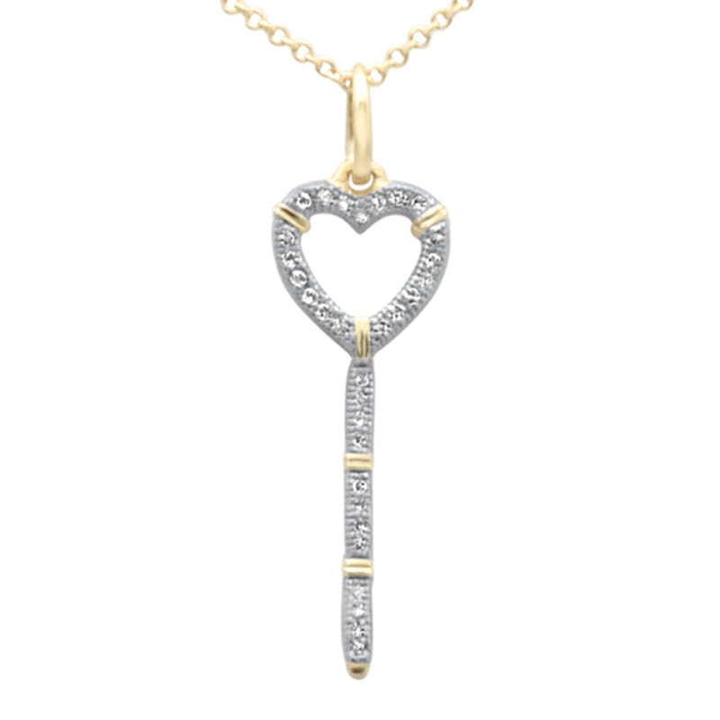 SPECIAL! .09ct G SI 14K Yellow Gold Diamond Heart Key Pendant Necklace 18" Long